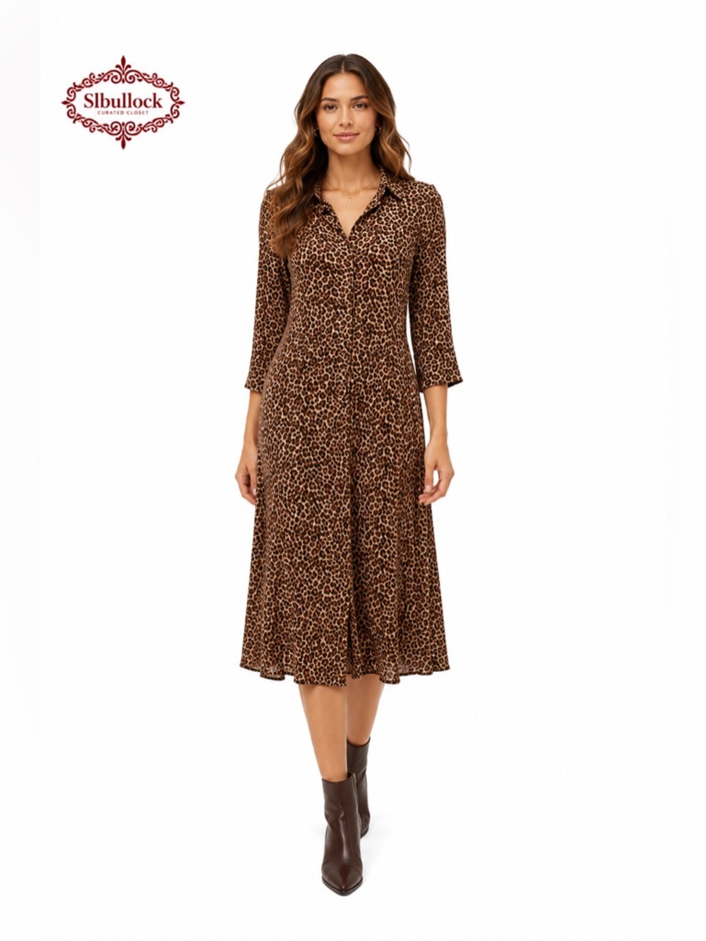 D24 Talbots Leopard Print Midi Shirt Dress Enamel Buttons Size Small